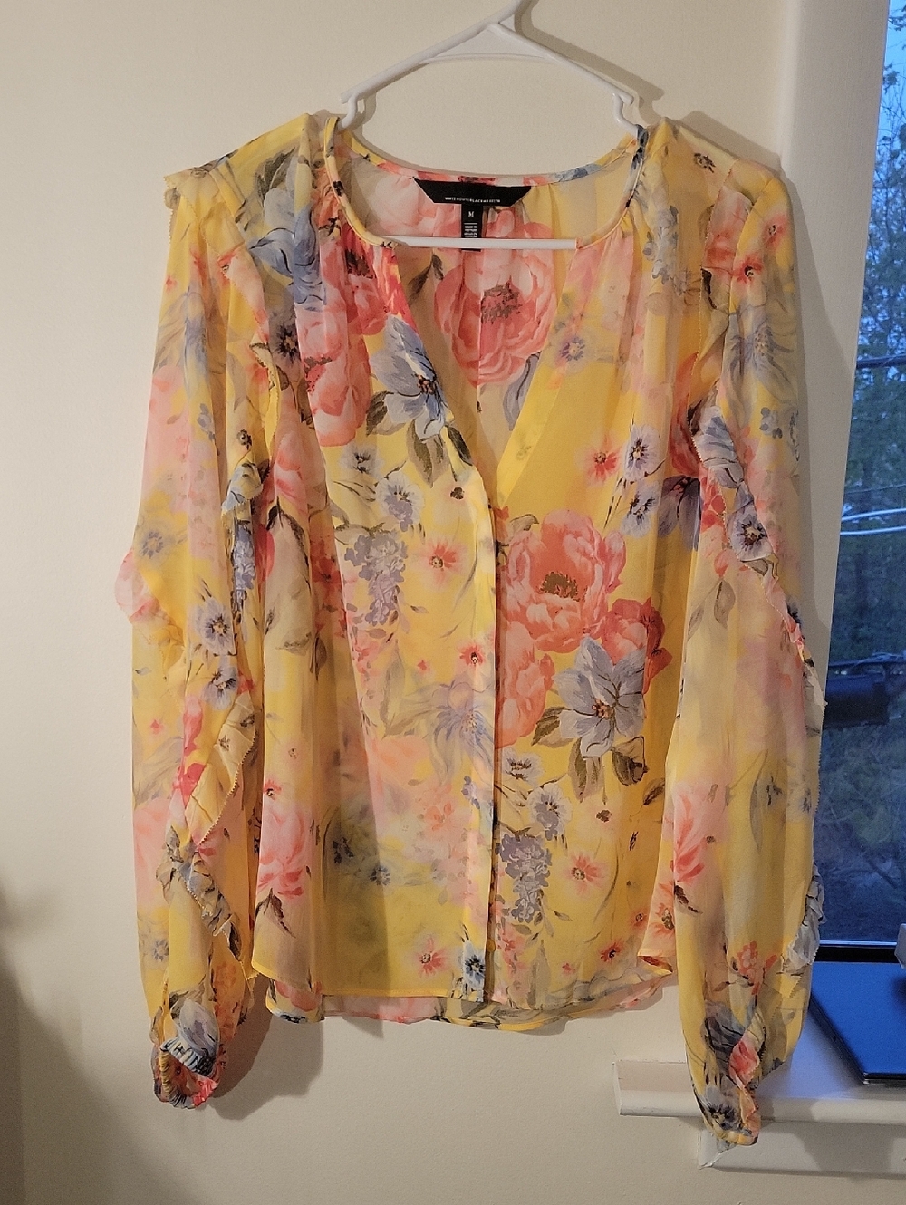 White House Black Market Yellow Floral Ruffle Blouse